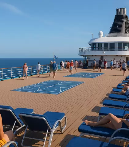 Pasajeros disfrutando la cubierta de un crucero durante el d�a, con vista al mar y clima perfecto para relajarse.