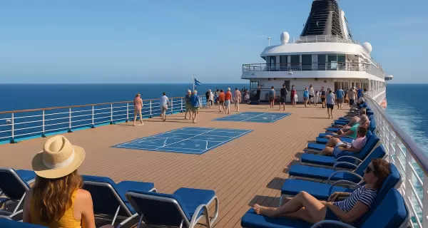 Pasajeros disfrutando la cubierta de un crucero durante el d�a, con vista al mar y clima perfecto para relajarse.