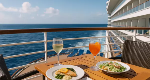 Comida servida en la cubierta de un crucero, con vista al mar: una de las experiencias m�s valoradas del todo incluido.