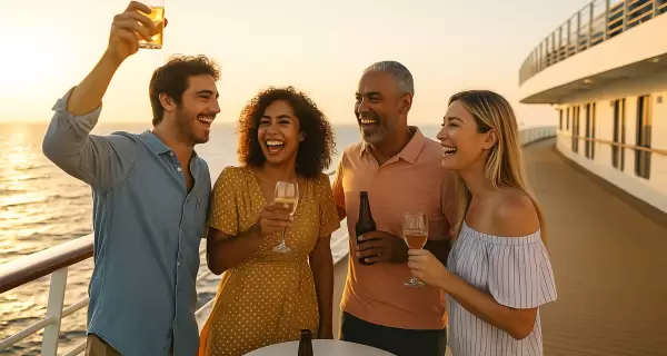 Grupo de amigos celebrando en la cubierta del crucero: una experiencia divertida si hay organizaci�n y buena energ�a.
