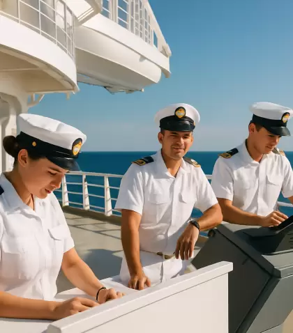 Miembros de la tripulaci�n durante una jornada de trabajo a bordo: entrenamiento intensivo, disciplina y pasi�n por el servicio.